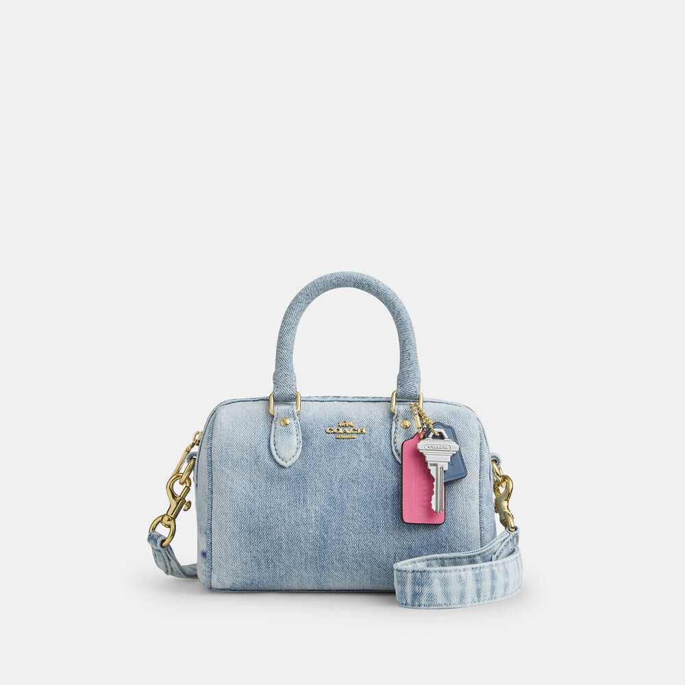 Coach Outlet Mini Rowan Crossbody Bag In Loved Denim With Charms
